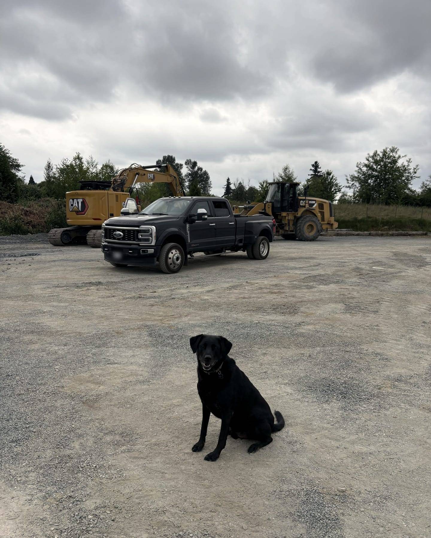 A JMEX crew truck with a Cat excavator, wheel loader and the company dog on the yard