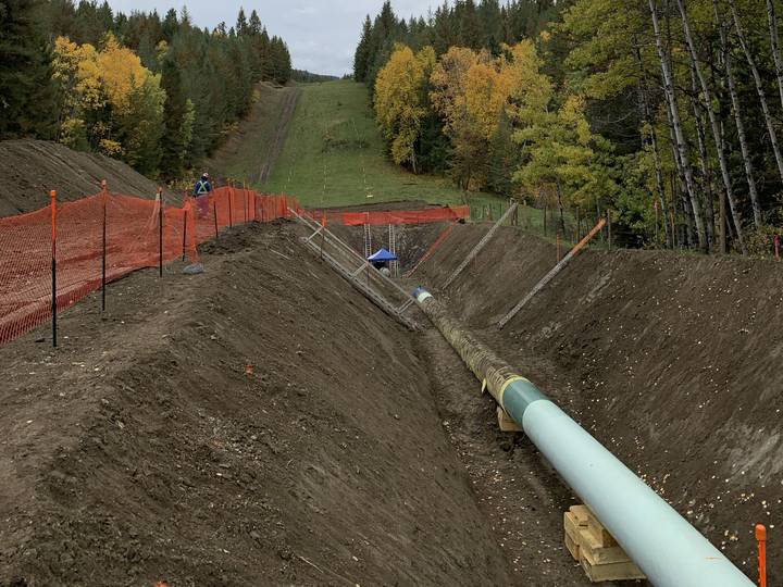 A light green pipe resting on wooden blocks in an open trench, the cleared strip running up a hill through autumn trees behind